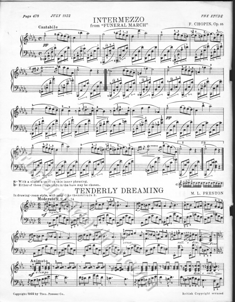 Intermezzo, from "Funeral March. Chopin, Op. 35. Tenderly Dreaming, M.L. Preston.