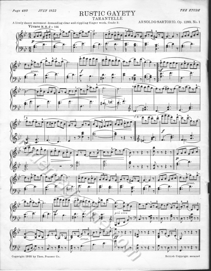 Rustic Gayety (Tarantelle). Arnoldo Sartorio, Op. 1289, No. 1