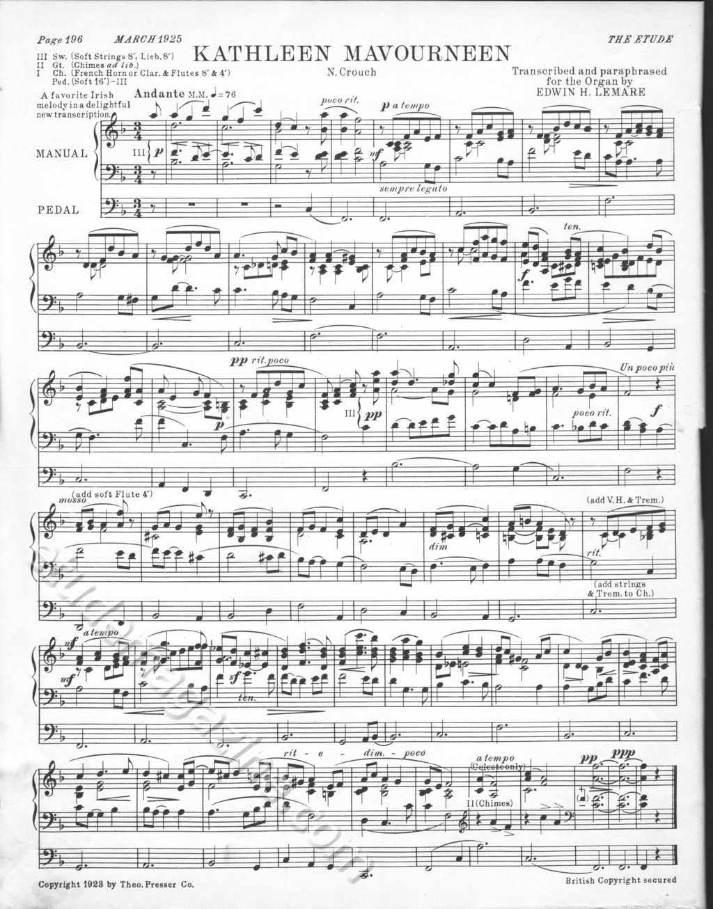 Kathleen Mavourneen. Transcribed for the Organ by Edwin H. Lemare.