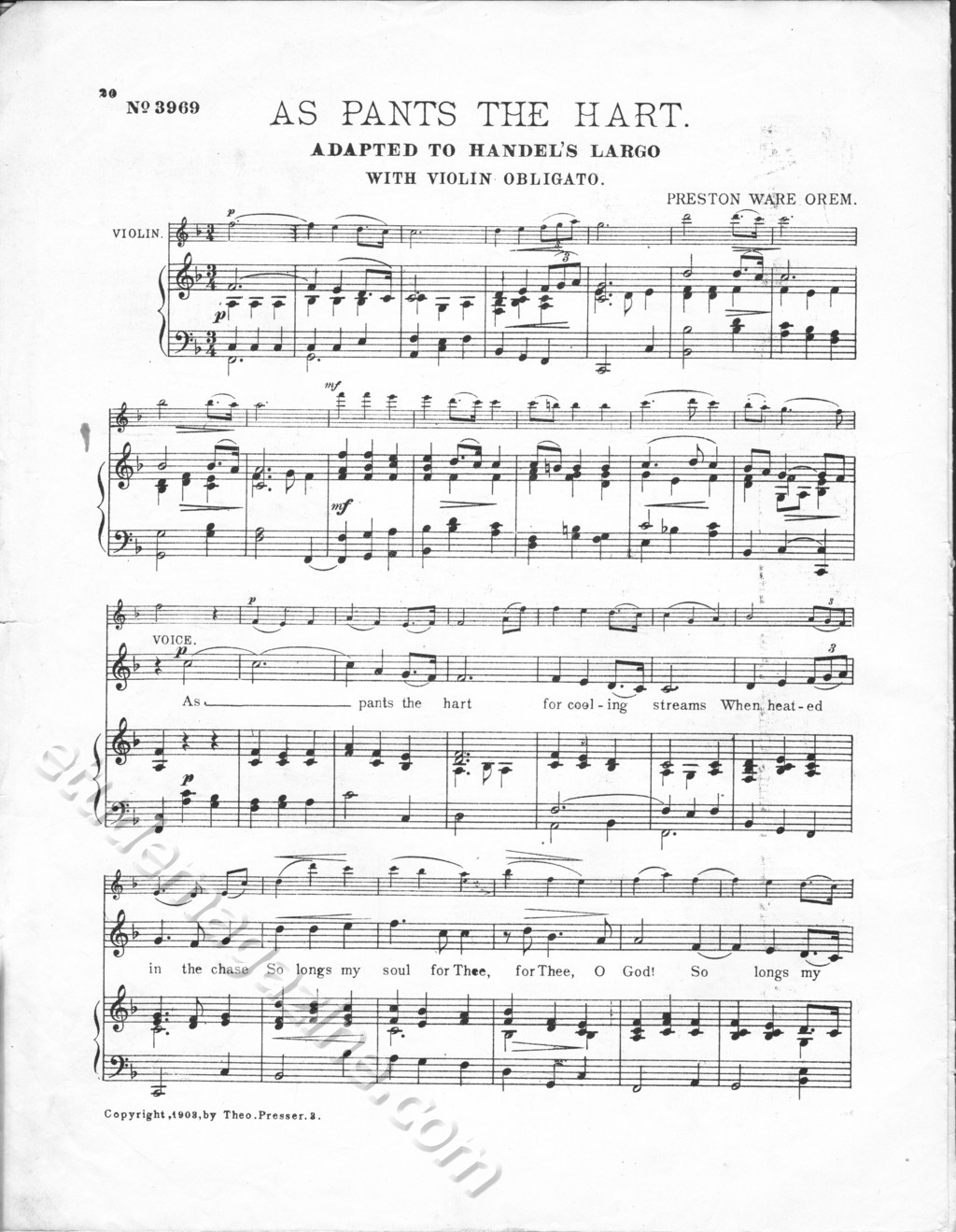 As Pants the Hart, adapted  to Handel's Largo with Violin Obligato, by Preston Ware Orem.