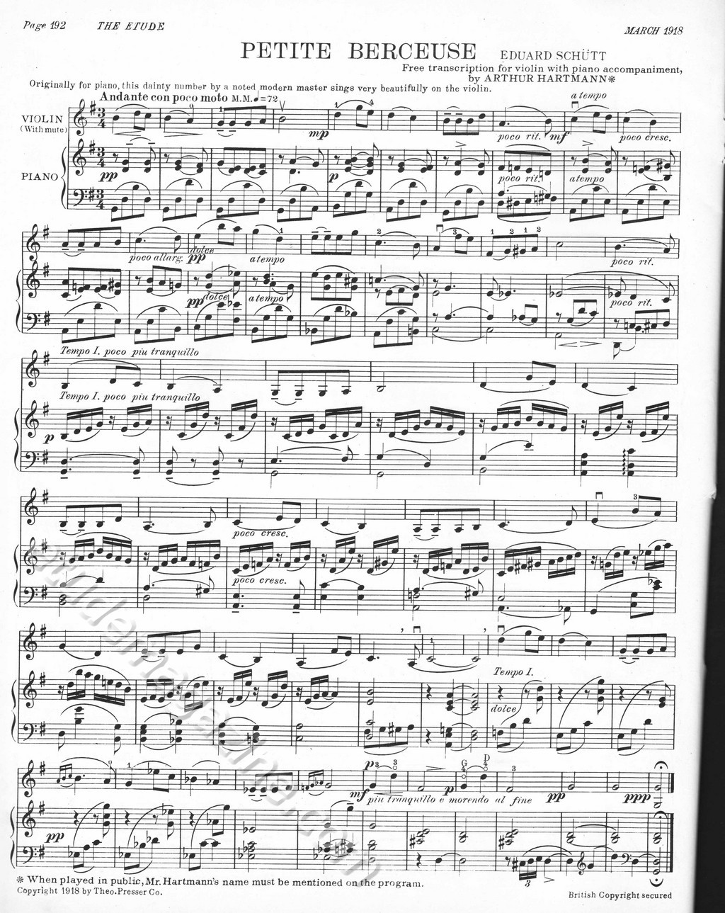 Petite Berceuse. Eduard Schütt (Transcription by Arthur Hartmann)