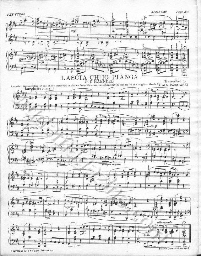 Lascia Ch'Io Pianga. G.F. Haendel, Transcribed by M. Moszkowski.