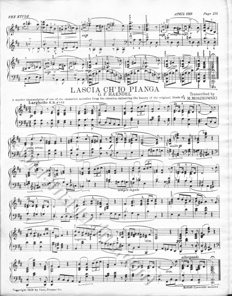 Lascia Ch'Io Pianga. G.F. Haendel, Transcribed by M. Moszkowski.