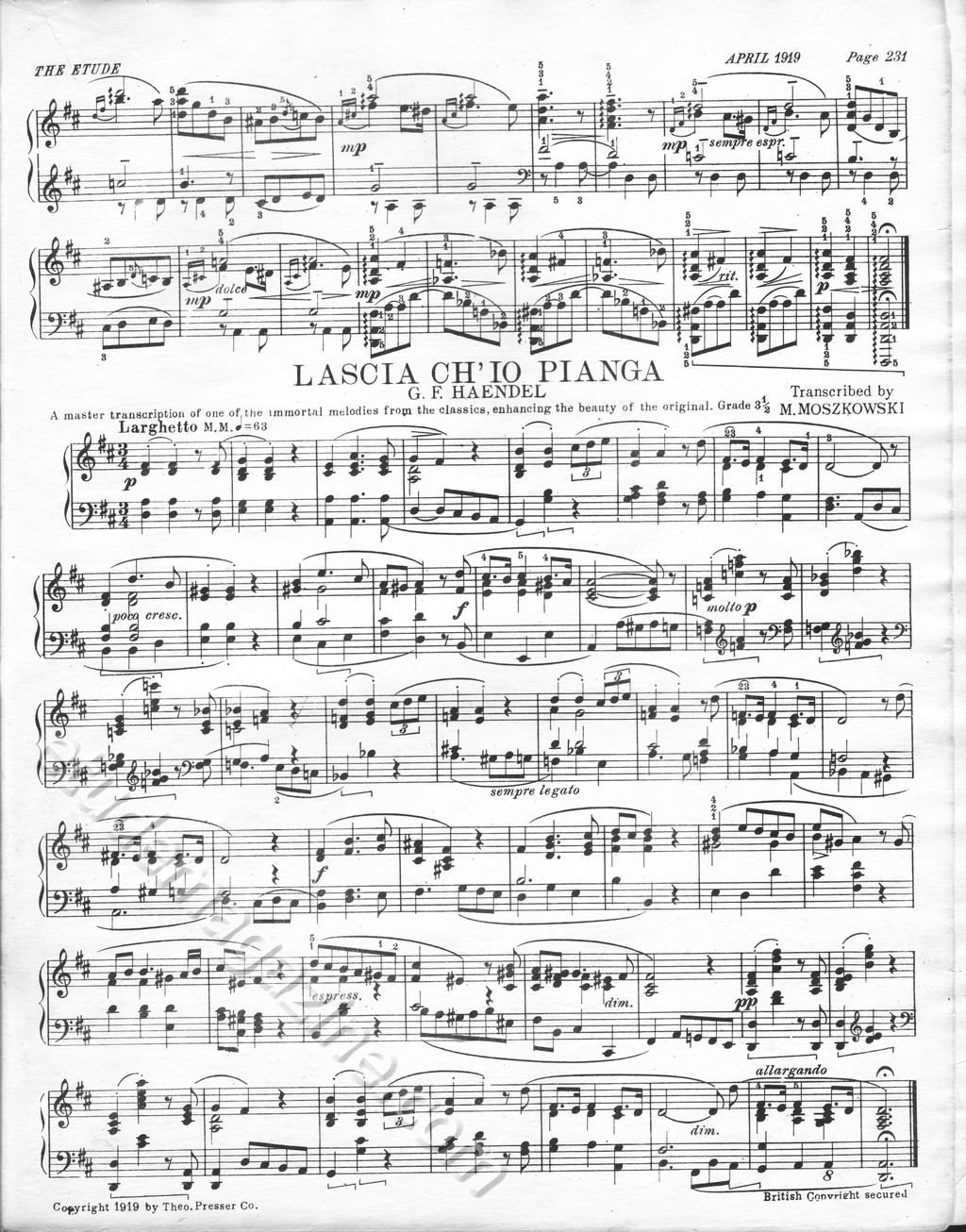 Lascia Ch'Io Pianga. G.F. Haendel, Transcribed by M. Moszkowski.