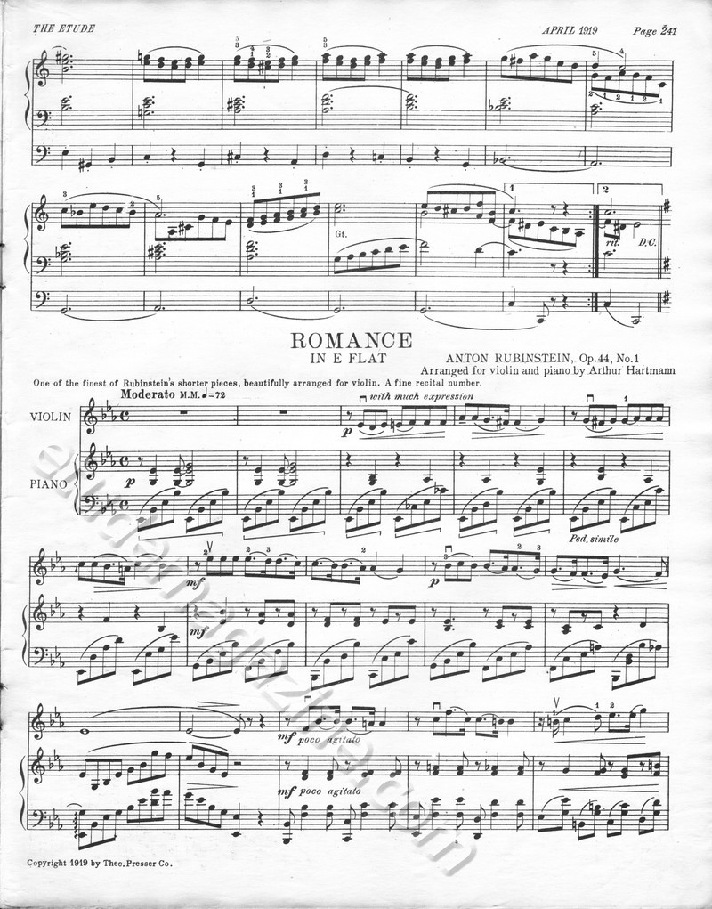 Romance in E Flat. Anton Rubinstein, Op. 44, No. 1. Arranged for violin and piano by Arthur Hartmann.