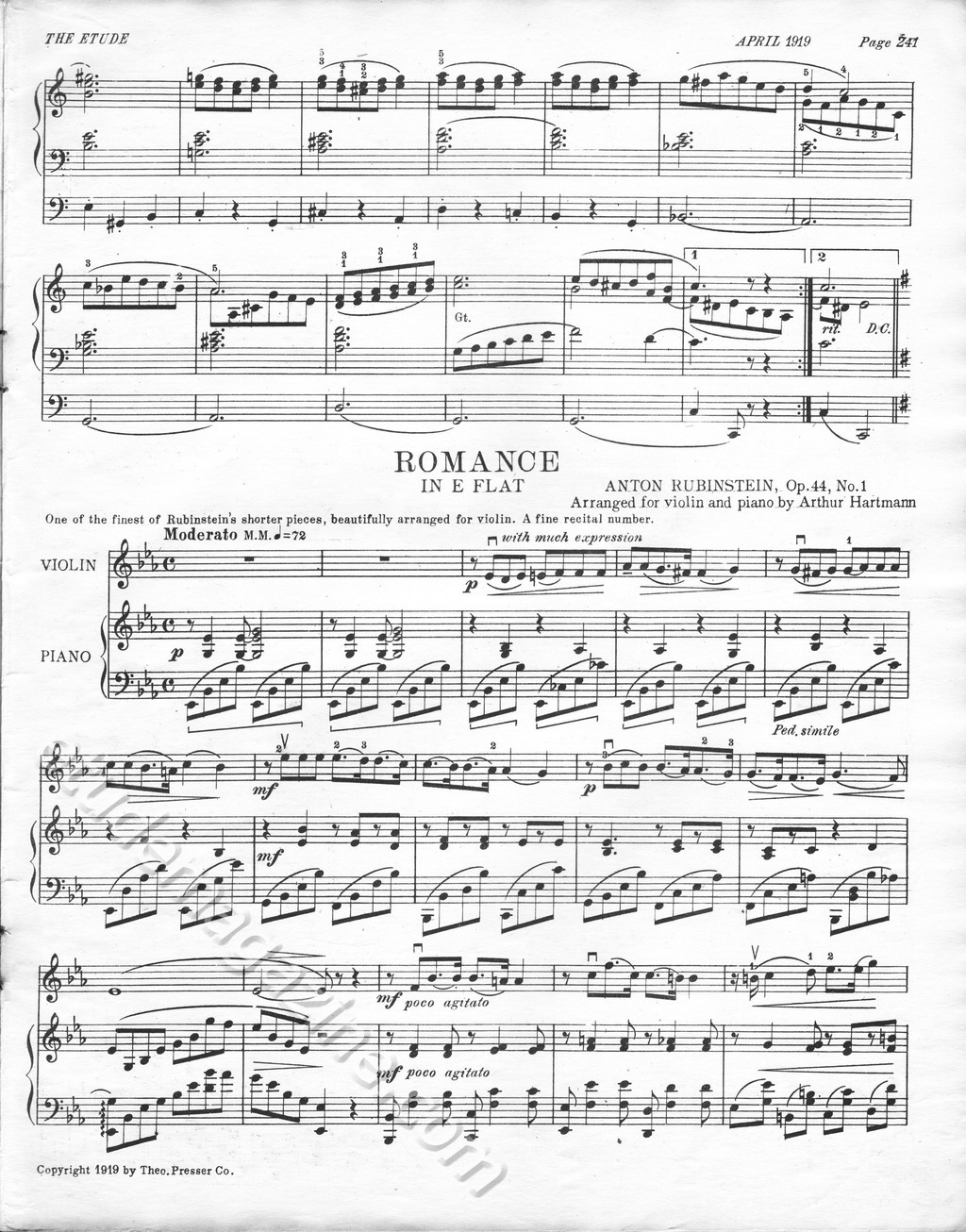 Romance in E Flat. Anton Rubinstein, Op. 44, No. 1. Arranged for violin and piano by Arthur Hartmann.