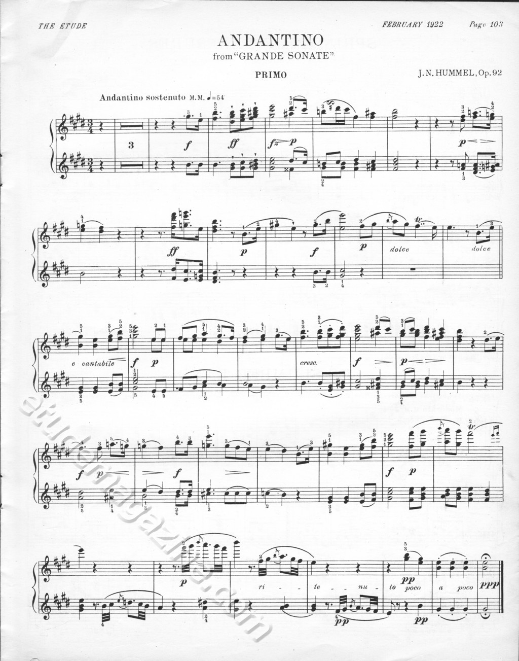 Andantino, from "Grande Sonate". J.N. Hummel, Op. 92.