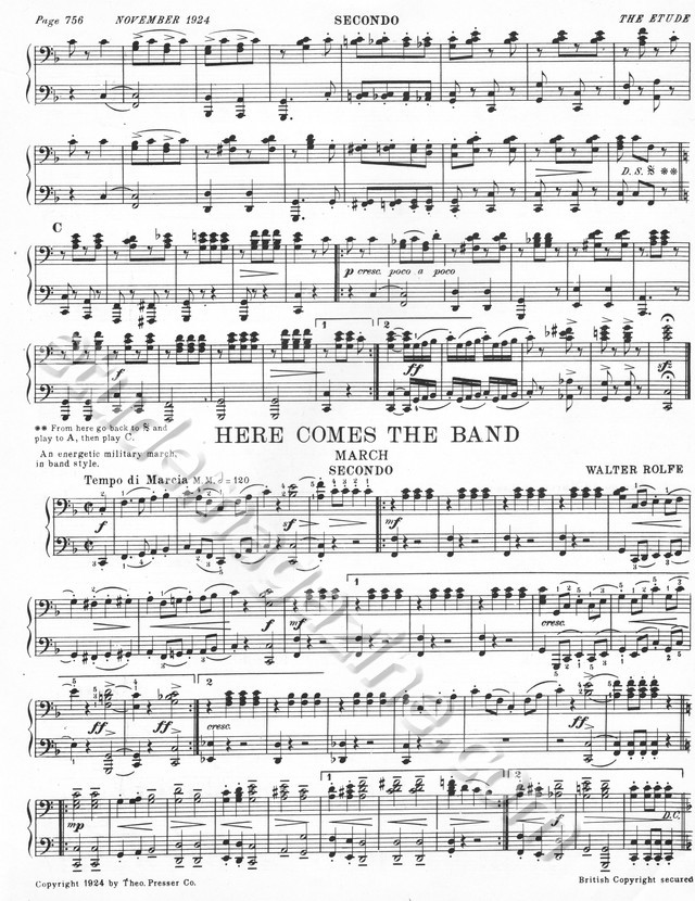 Here Comes the Band (March). 4-hand Piano. Walter Rolfe.
