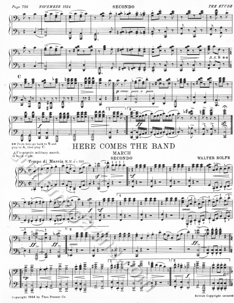 Here Comes the Band (March). 4-hand Piano. Walter Rolfe.