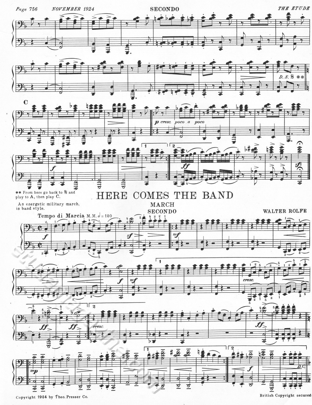 Here Comes the Band (March). 4-hand Piano. Walter Rolfe.