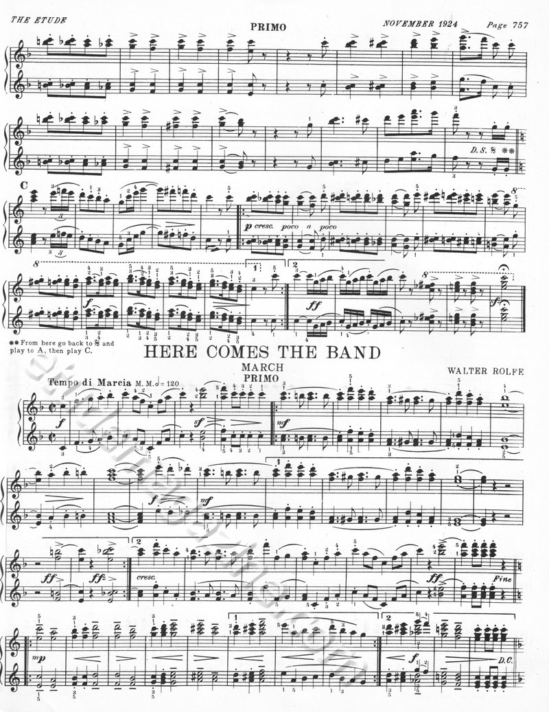 Here Comes the Band (March). 4-hand Piano. Walter Rolfe.