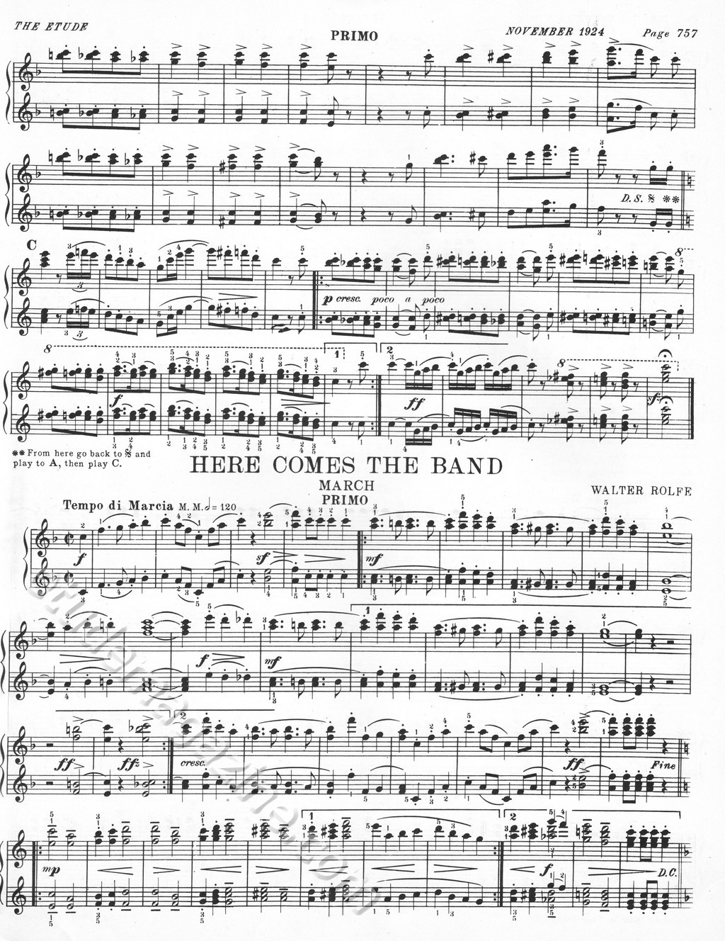 Here Comes the Band (March). 4-hand Piano. Walter Rolfe.