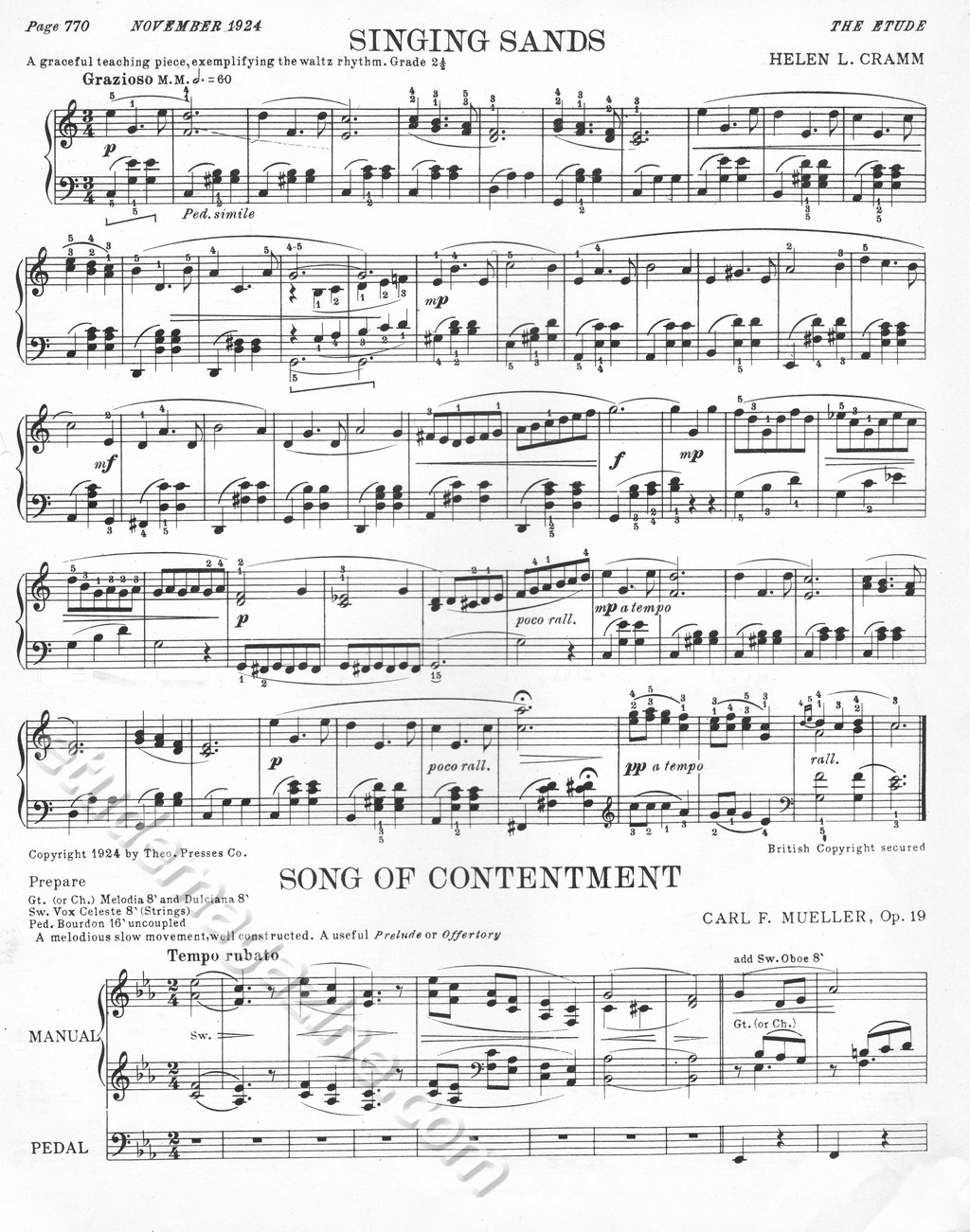 Singing Sands. Helen L. Cramm. Song of Contentment. Carl F. Mueller, Op. 19.