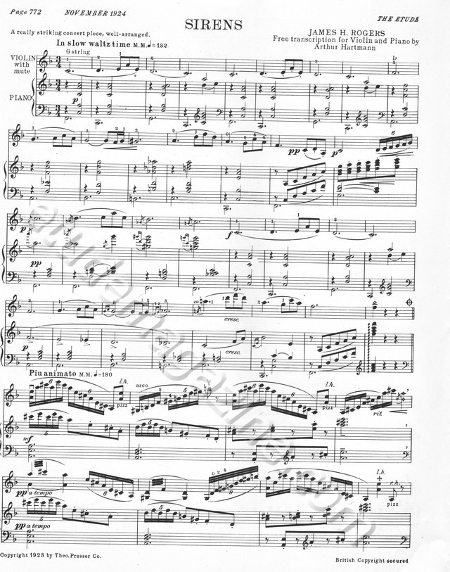 Sirens. James H. Rogers (Free transcription for Violin and Piano by Arthur Hartmann)