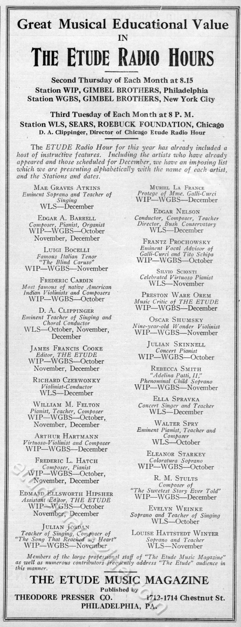 The Etude Radio Hours. Station WIP, Station WGBS, Station WLS