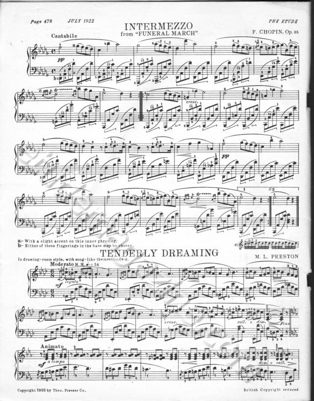 Intermezzo, from "Funeral March. Chopin, Op. 35. Tenderly Dreaming, M.L. Preston.