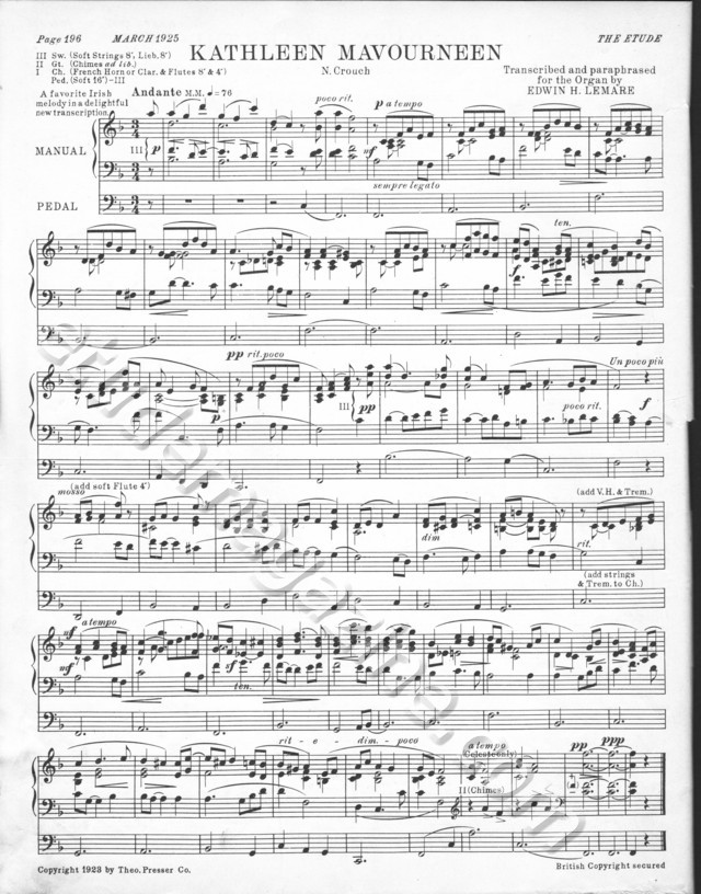 Kathleen Mavourneen. Transcribed for the Organ by Edwin H. Lemare.