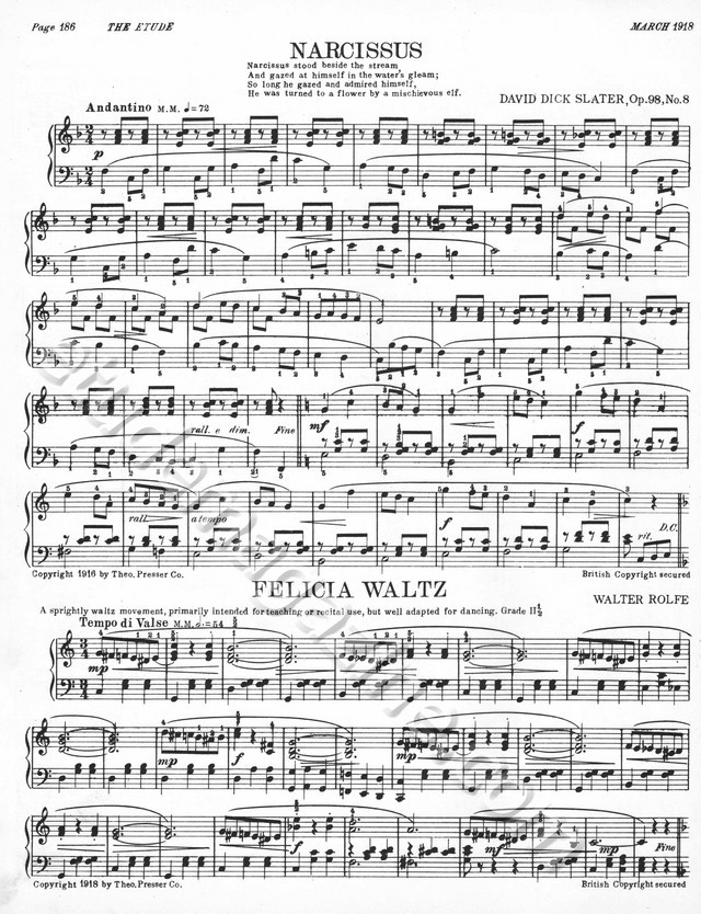 Narcissus. David Dick Slater, Op. 98, No. 8. Felicia Waltz. Walter Rolfe.