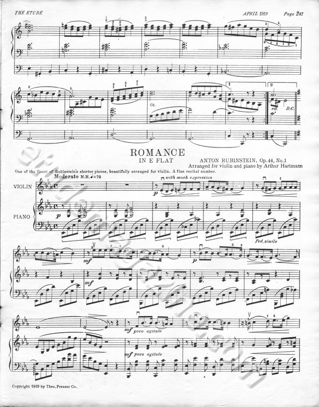 Romance in E Flat. Anton Rubinstein, Op. 44, No. 1. Arranged for violin and piano by Arthur Hartmann.