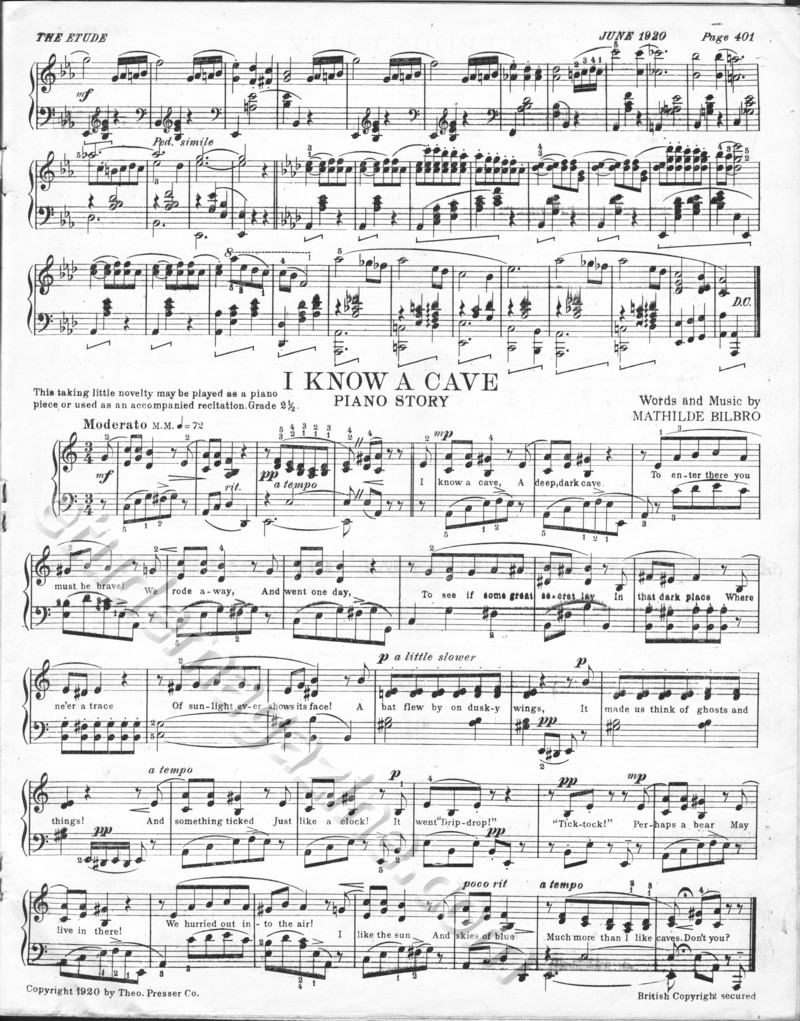 I Know a Cave (Piano Story). Words and Music by Mathilde Bilbro.