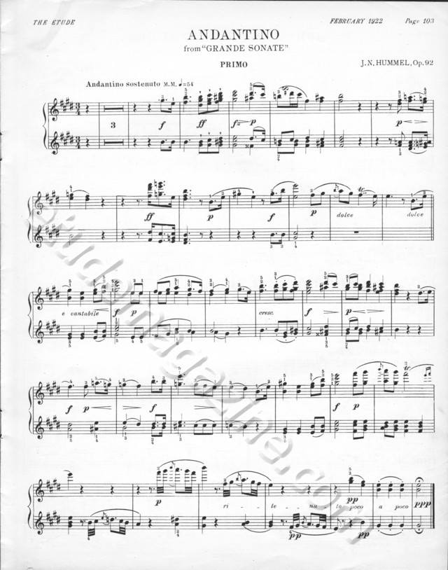 Andantino, from "Grande Sonate". J.N. Hummel, Op. 92.
