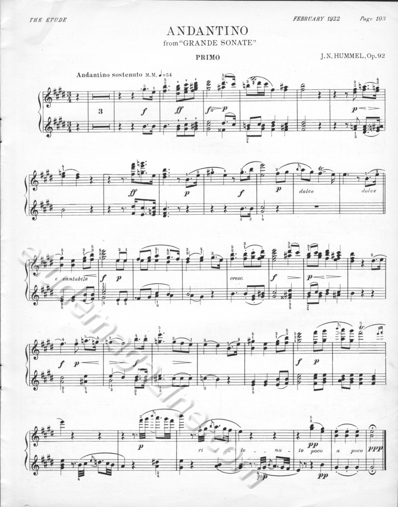 Andantino, from "Grande Sonate". J.N. Hummel, Op. 92.