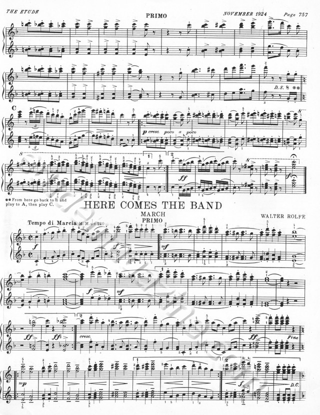 Here Comes the Band (March). 4-hand Piano. Walter Rolfe.