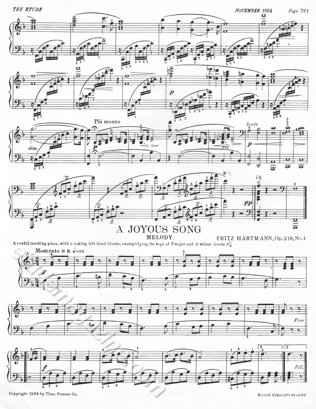 A Joyous Song (Melody). Fritz Hartmann, Op. 219, No. 4