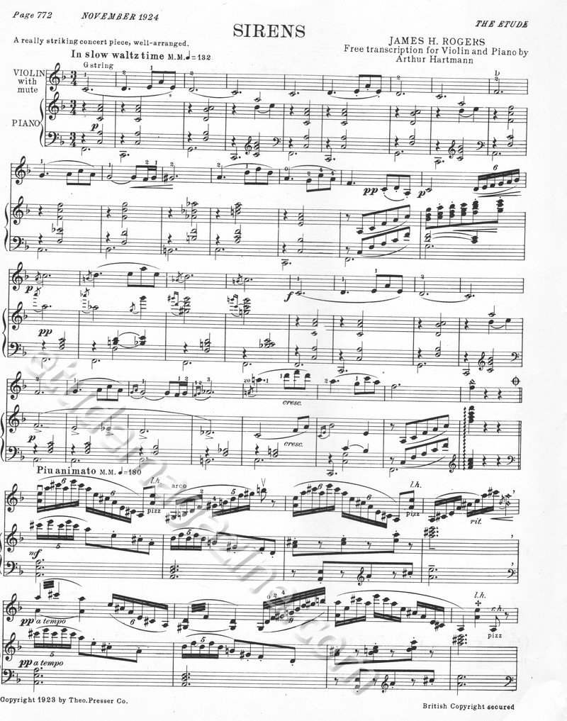 Sirens. James H. Rogers (Free transcription for Violin and Piano by Arthur Hartmann)