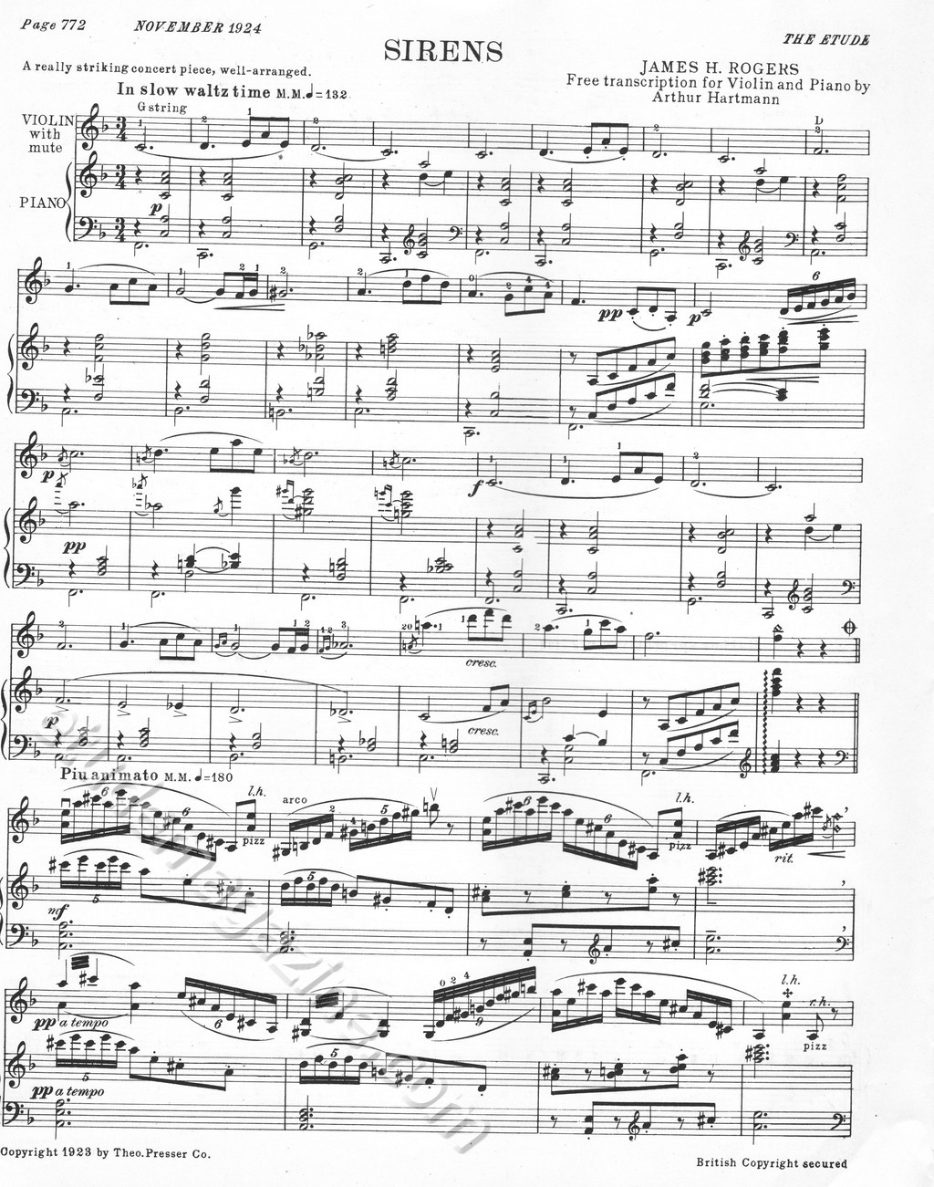 Sirens. James H. Rogers (Free transcription for Violin and Piano by Arthur Hartmann)